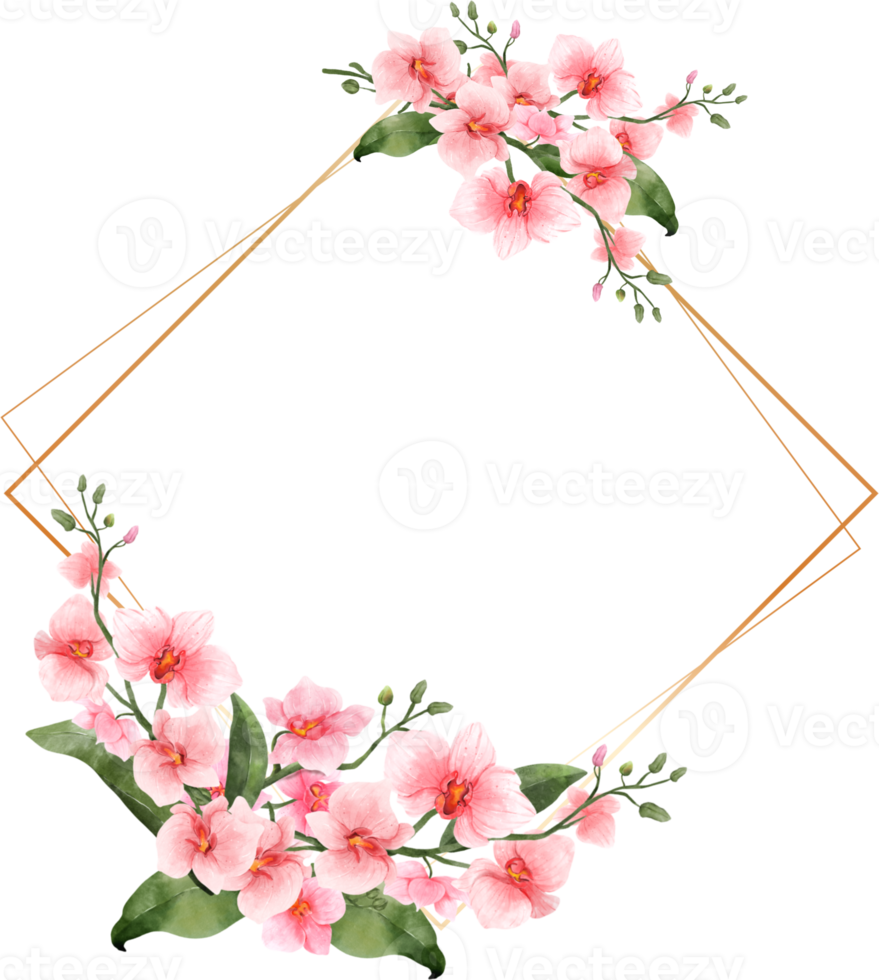 rosa blommor akvarell med geometrisk guldram png