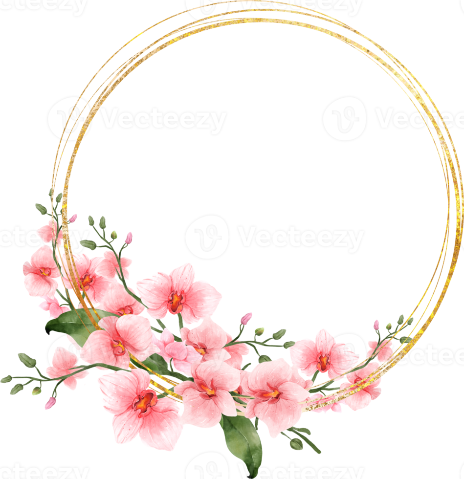 Pink Flowers Watercolor with geometric gold frame png