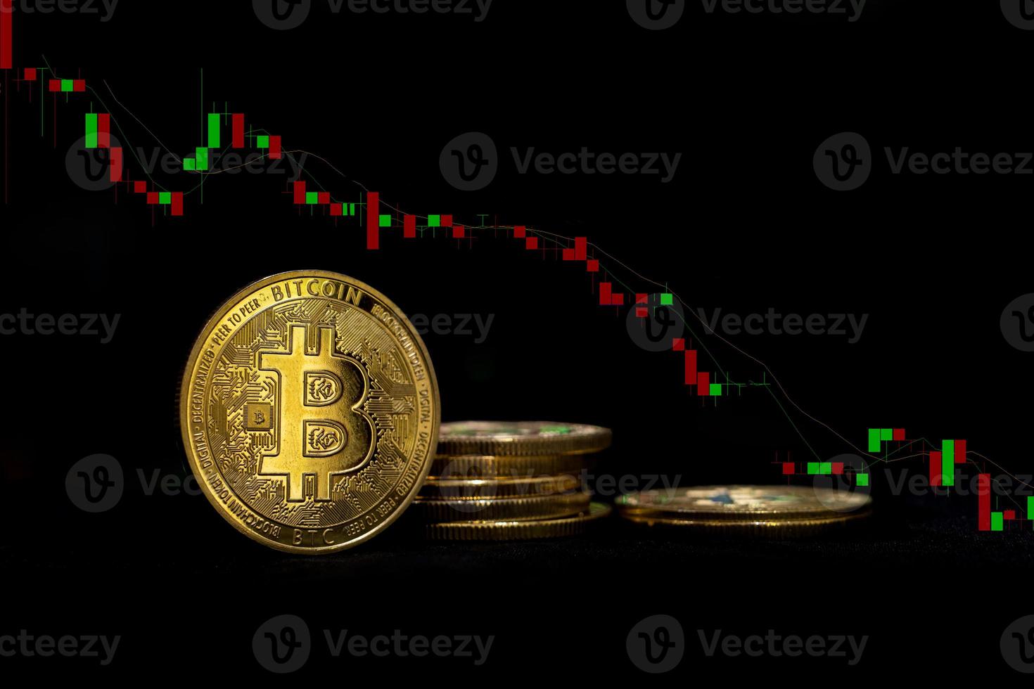 Golden bitcoin cryptocurrency at trading chart background photo