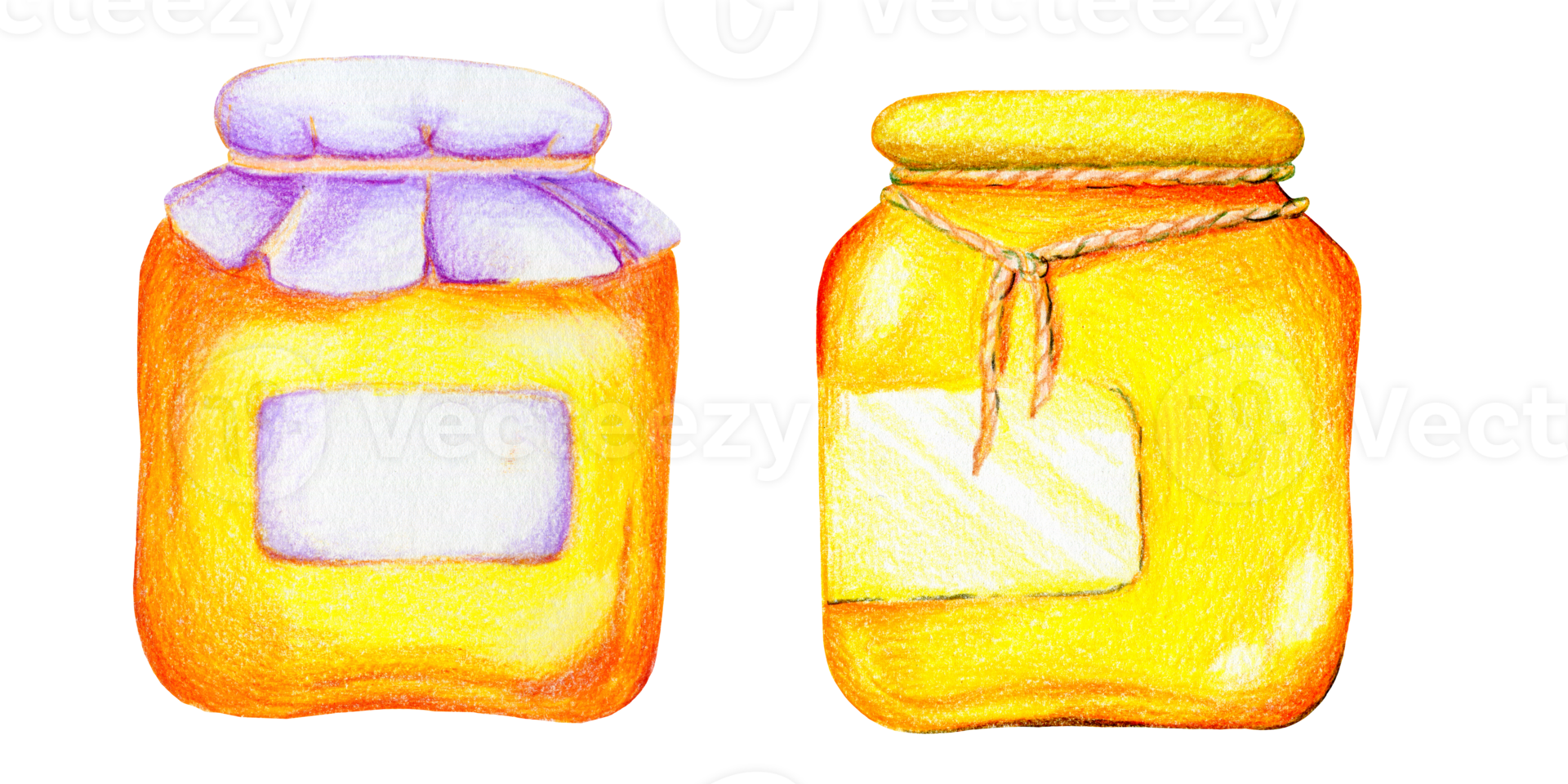 un ensemble de bocaux en verre avec du miel jaune, un pot de confiture, une illustration dessinée à la main de style dessin animé png