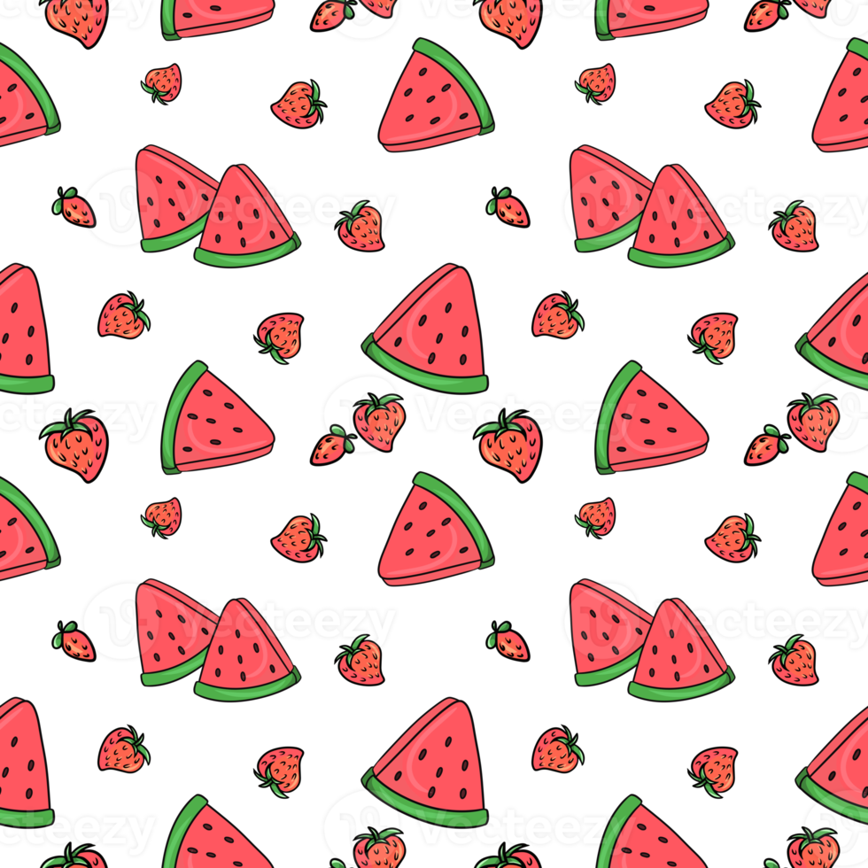 süße erdbeeren und ein leuchtend rotes stück wassermelone, süßes saftiges dessert, nahtloses quadratisches muster png