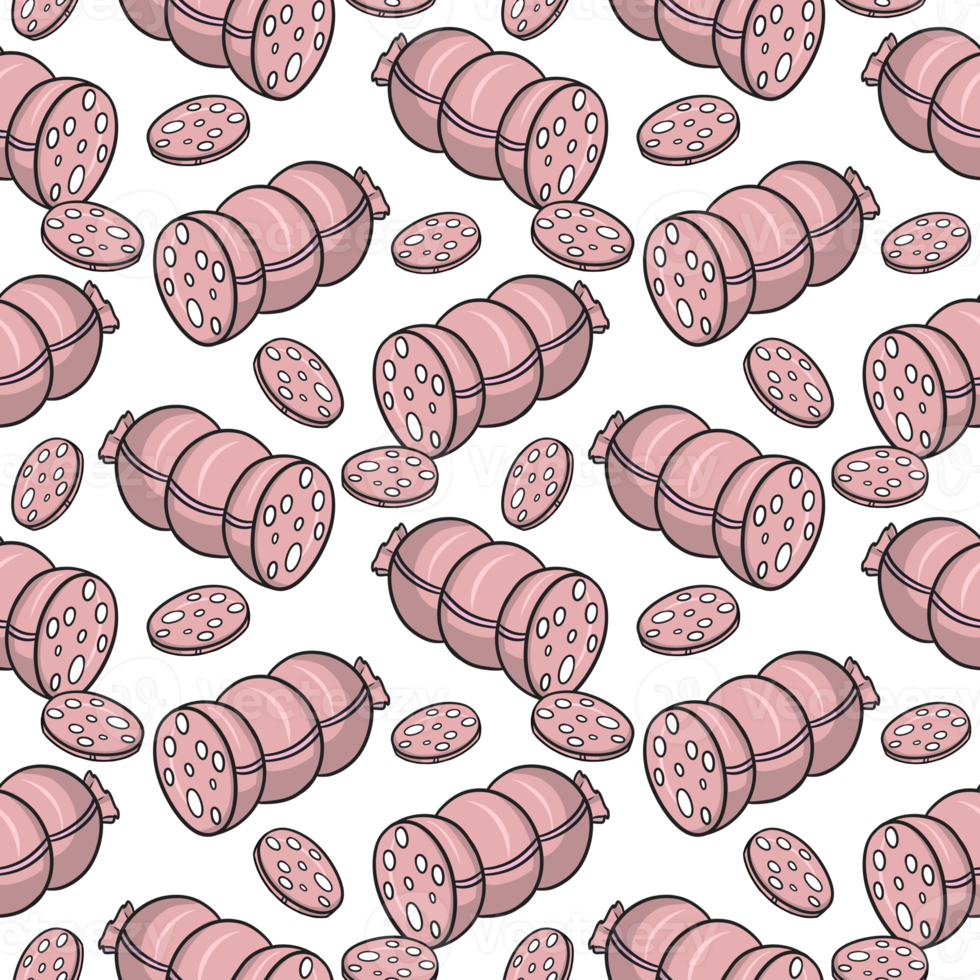 Delicious pink boiled sausage with slices of lard, seamless square pattern png