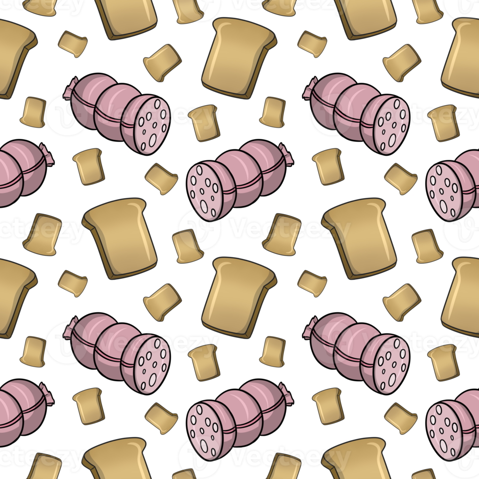 Delicious pink boiled sausage and sandwich bread, seamless square pattern png