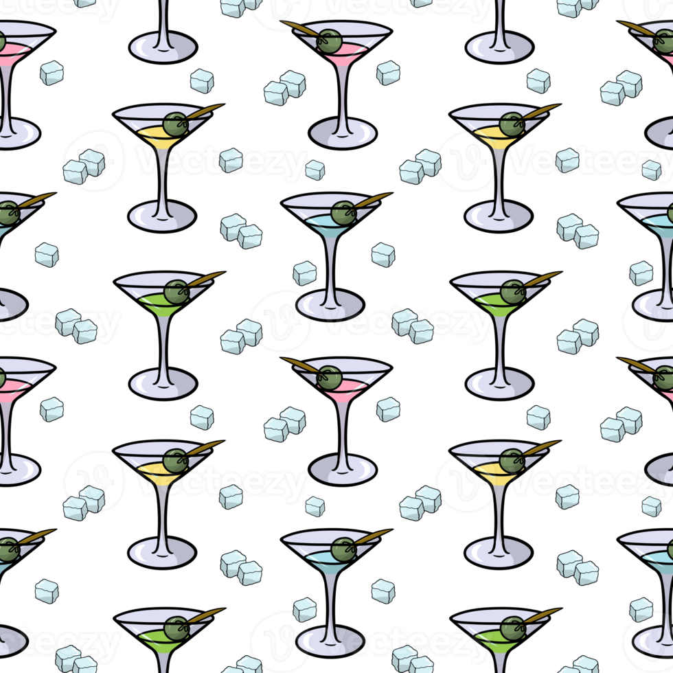 Glass Martini glasses with green olive, Seamless square pattern png