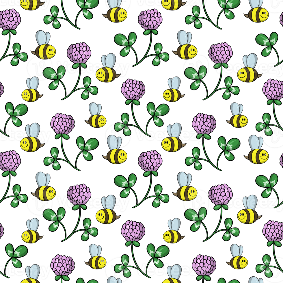 Bright print, a small bee collects honey and pink clover flowers, seamless square pattern png