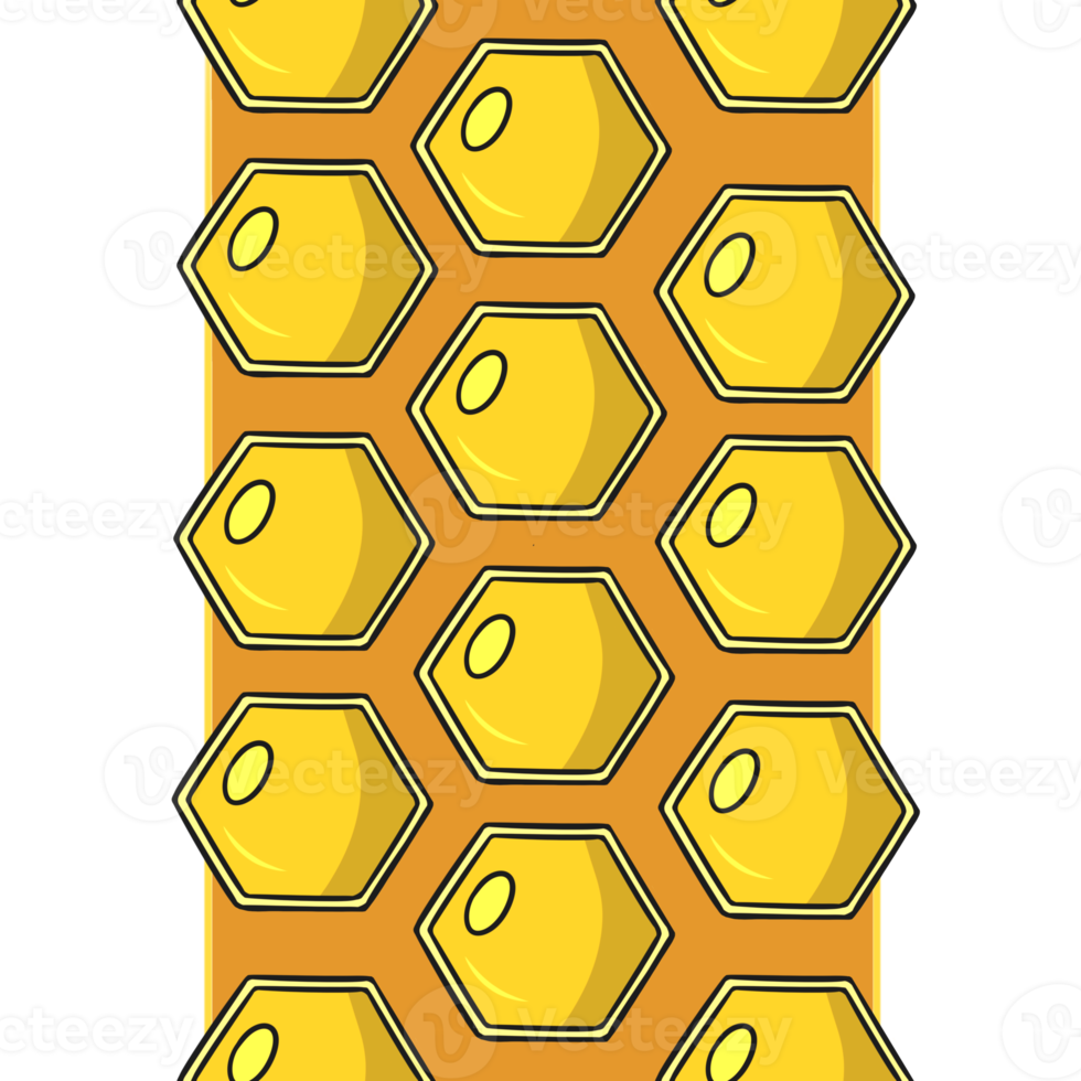 Bright Little Yellow honeycomb with honey, seamless vertical pattern, border edge in cartoon style png