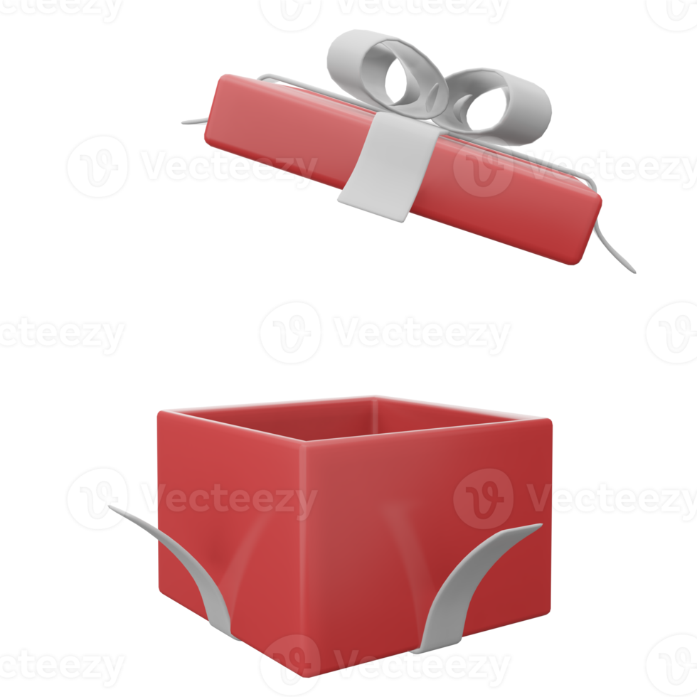 geöffnete rote geschenkbox mit weißem band png transparent. 3D-Darstellung Render-Überraschungsbox. realistisches vektorsymbol für hochzeitsbanner, geburtstagspräsentation oder feiern
