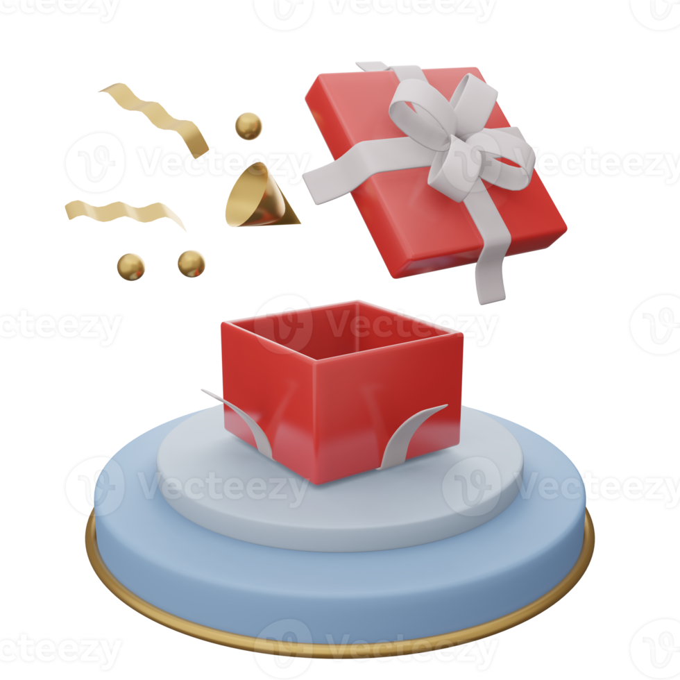 Opened red gift box with white ribbon on circle stand. png transparent 3d illustration render surprise box. Realistic vector icon for wedding banners, birthday presentation or celebrate