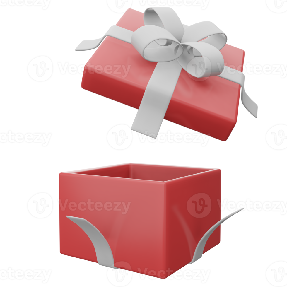 boîte cadeau rouge ouverte avec ruban blanc png transparent. boîte de surprise de rendu d'illustration 3d. icône vectorielle réaliste pour les bannières de mariage, la présentation d'anniversaire ou la célébration2