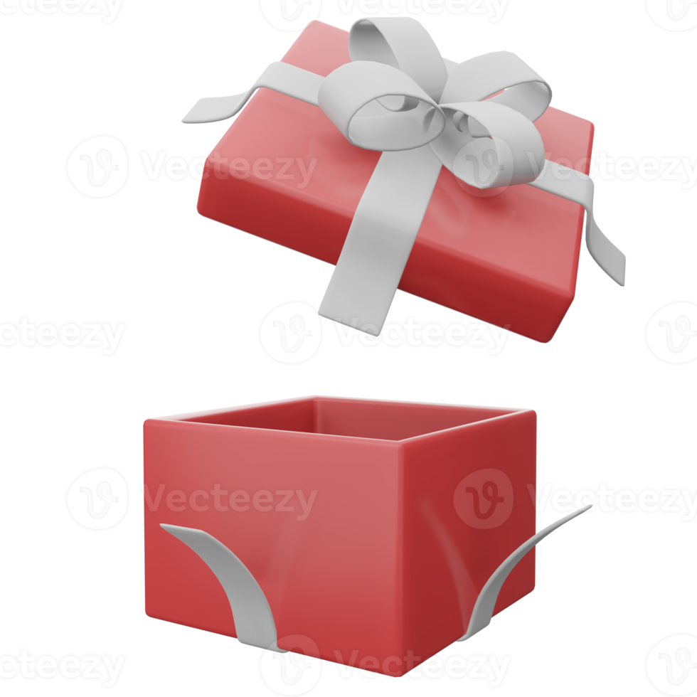 Opened red gift box with white ribbon png transparent. 3d illustration render surprise box. Realistic vector icon for wedding banners, birthday presentation or celebrate2