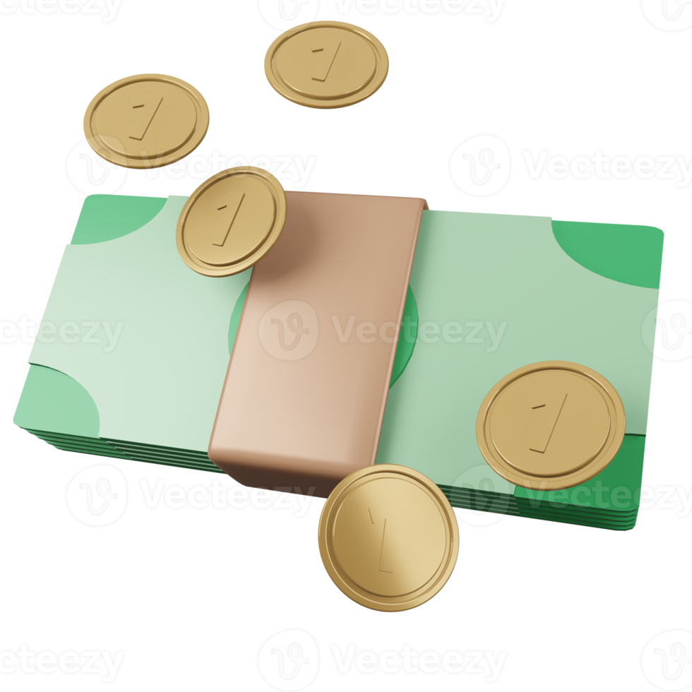 Wad of Bank note And coin 3d Illustration render realistic icon . Cash and Shine Gold coin for online shopping and financial png