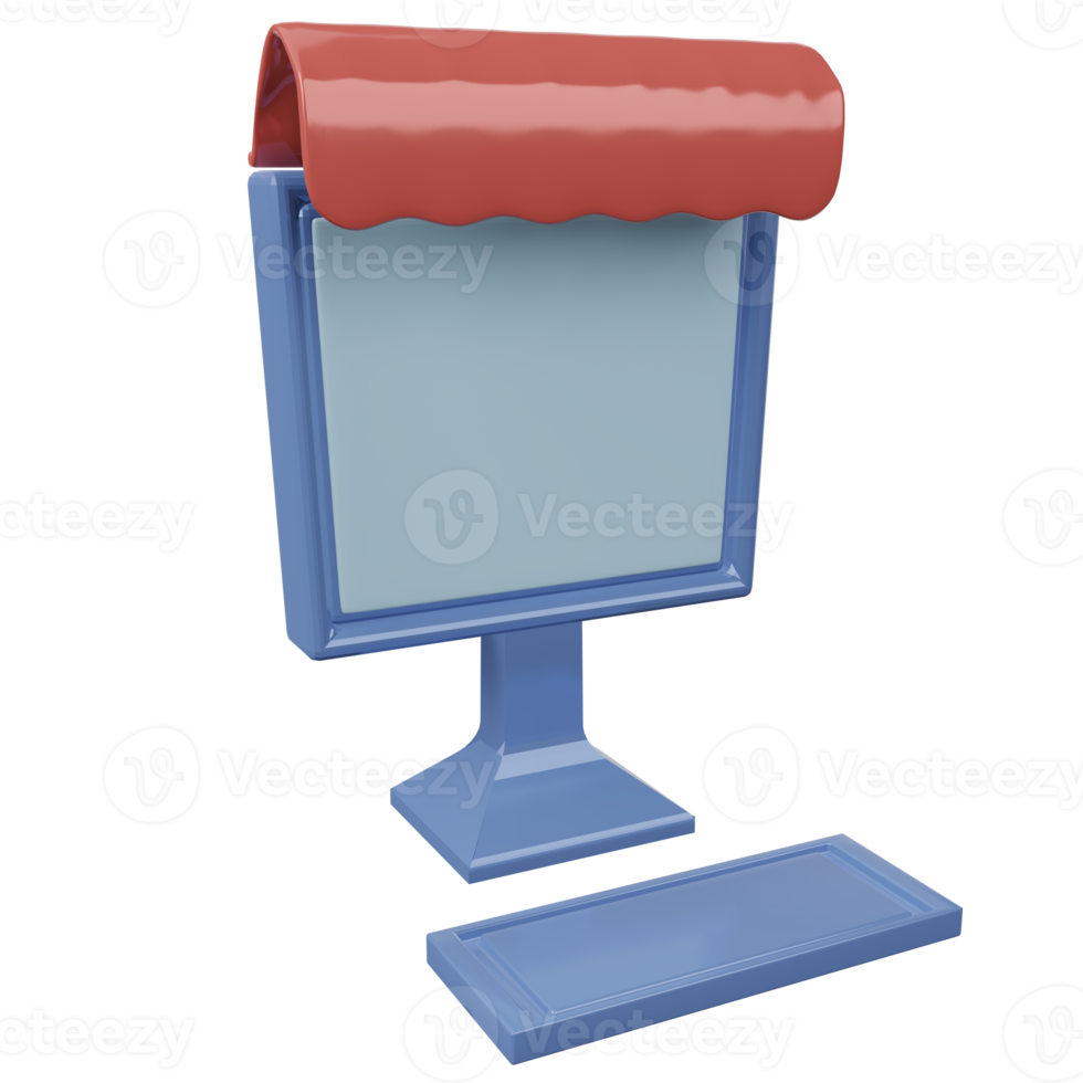 Online Shopping Computer Illustration render realistic icon . Computer and red awning for online shopping Sign png