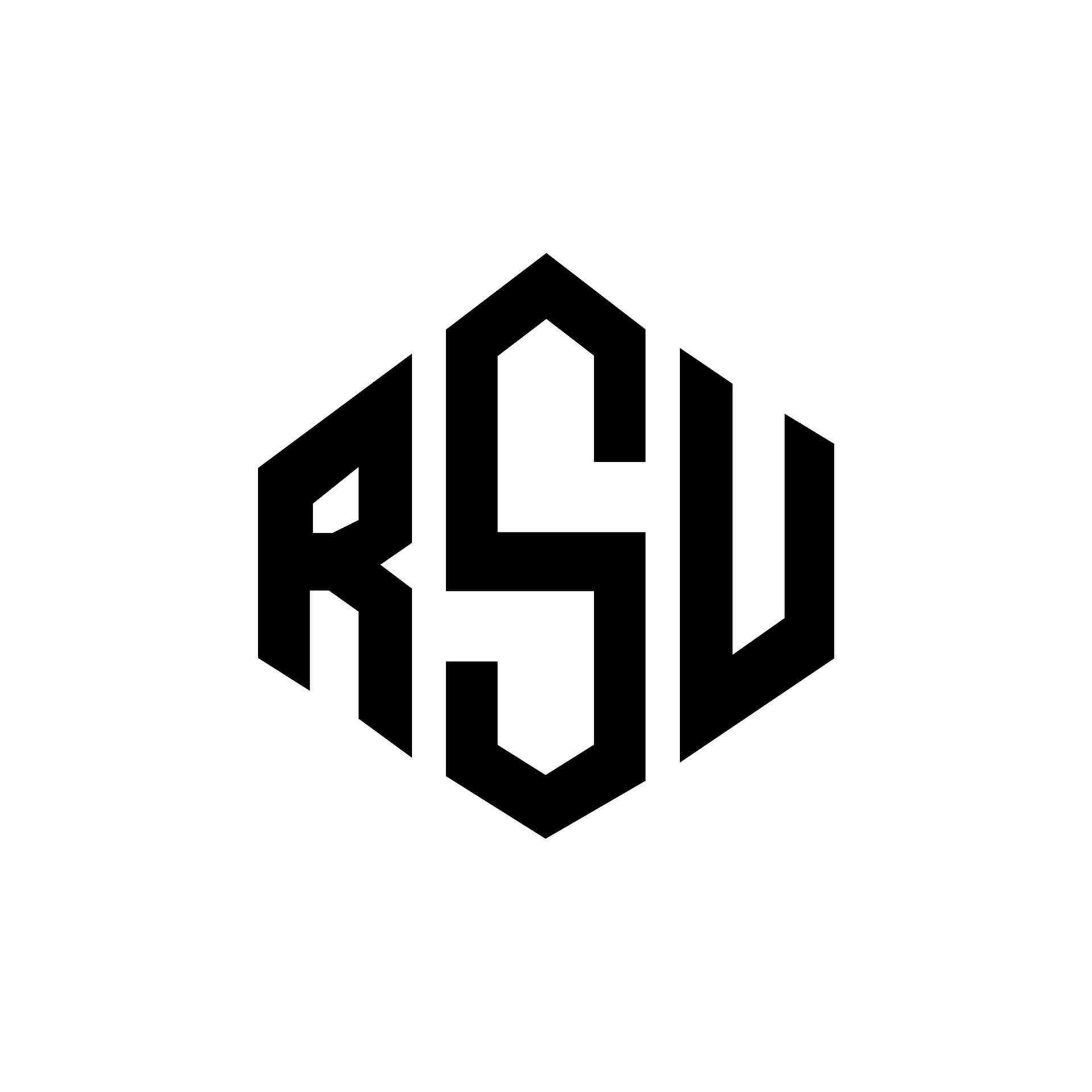 RSU letter logo design with polygon shape RSU polygon and cube shape