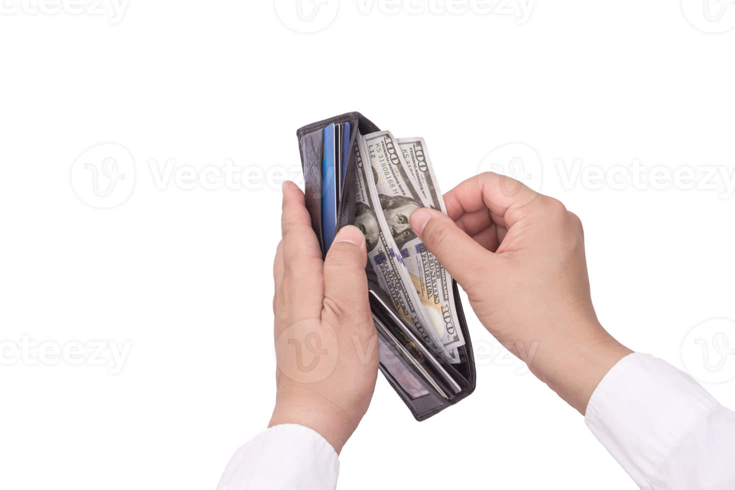 Man's hand taking 100 dollar bills from black leather wallet on transparent background png