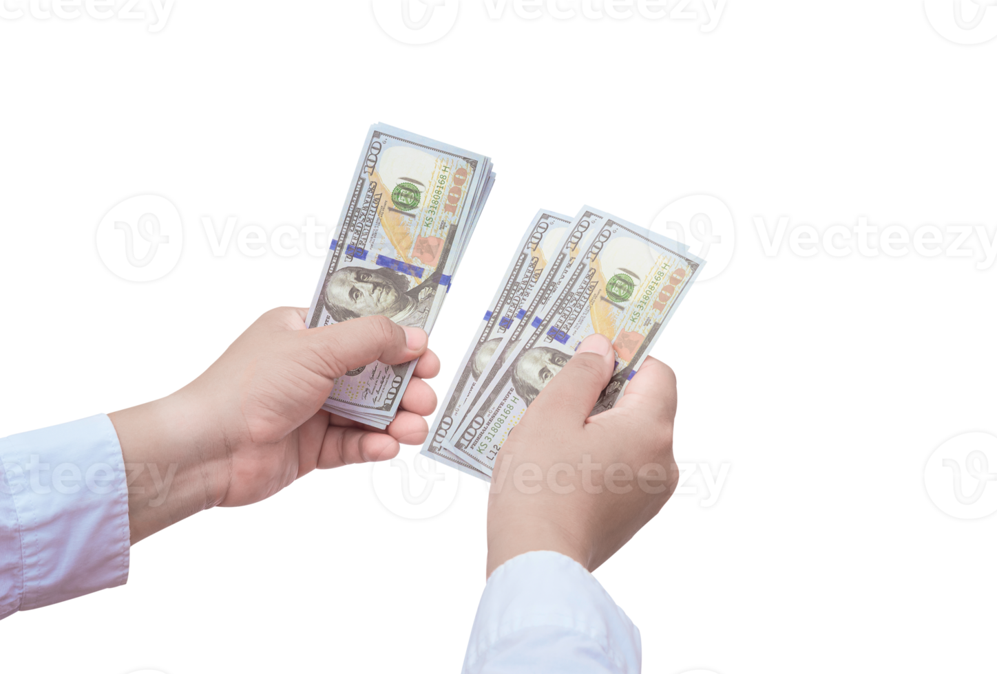 Man hand in white shirt counting dollar banknotes on transparent background png