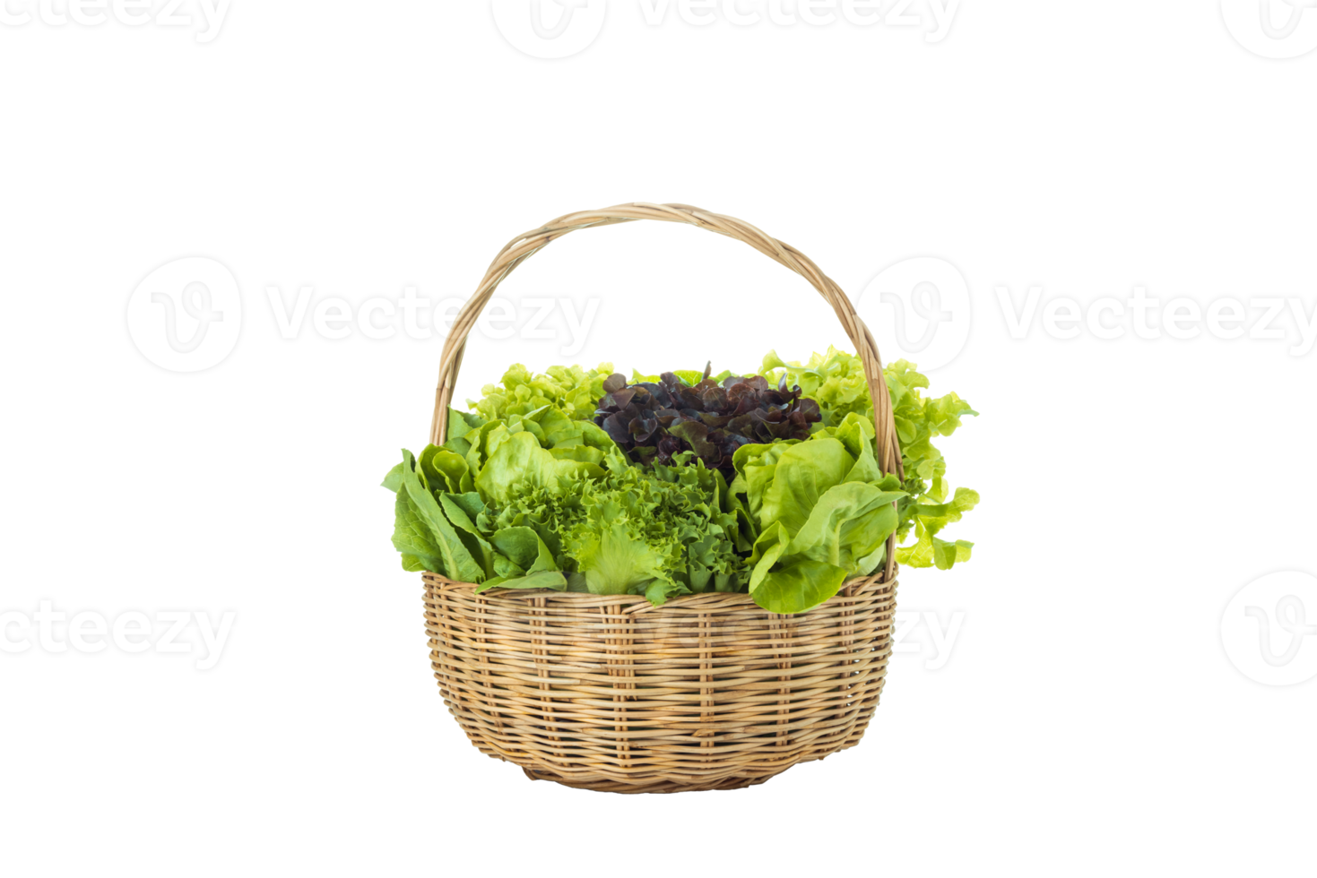 Various fresh salad vegetables in bamboo basket on transparent background png