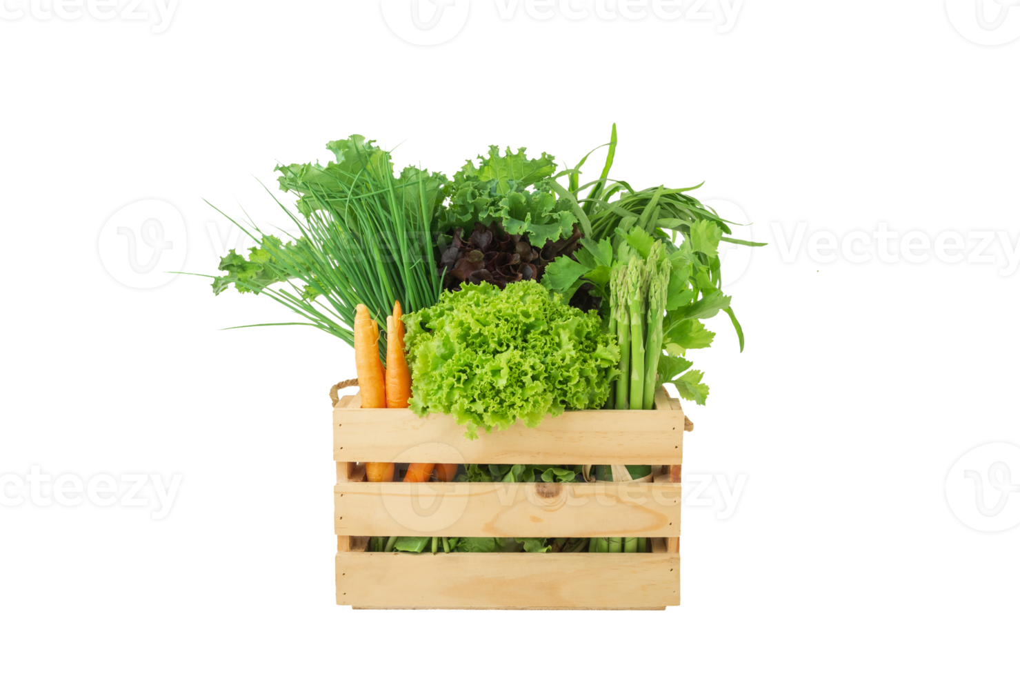 Various fresh organic vegetables in wooden box on transparent background png