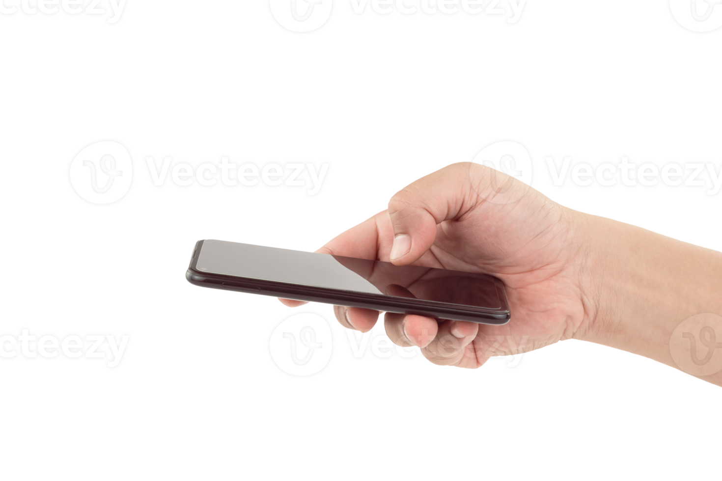 Man hand holding smartphone and using thumb touching smartphone screen on transparent background png