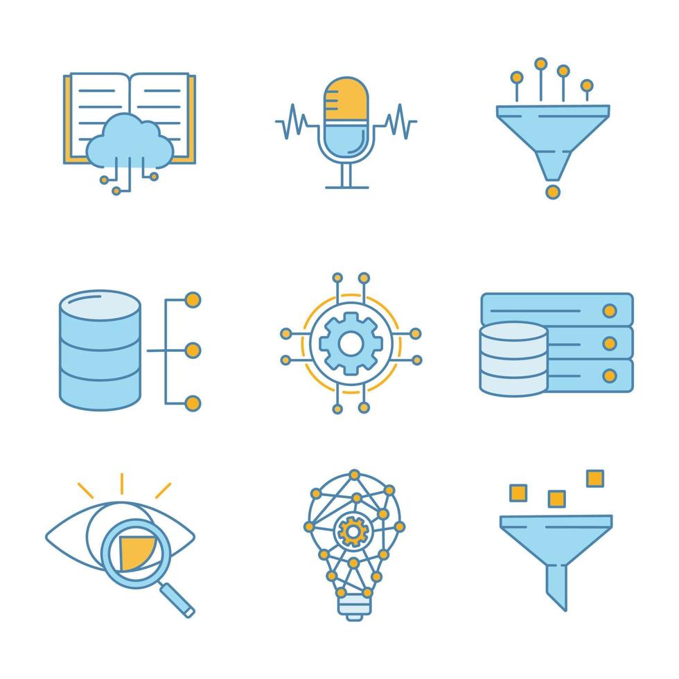 Machine learning color icons set. Artificial intelligence. Database. AI. Digital technology. Isolated vector illustrations