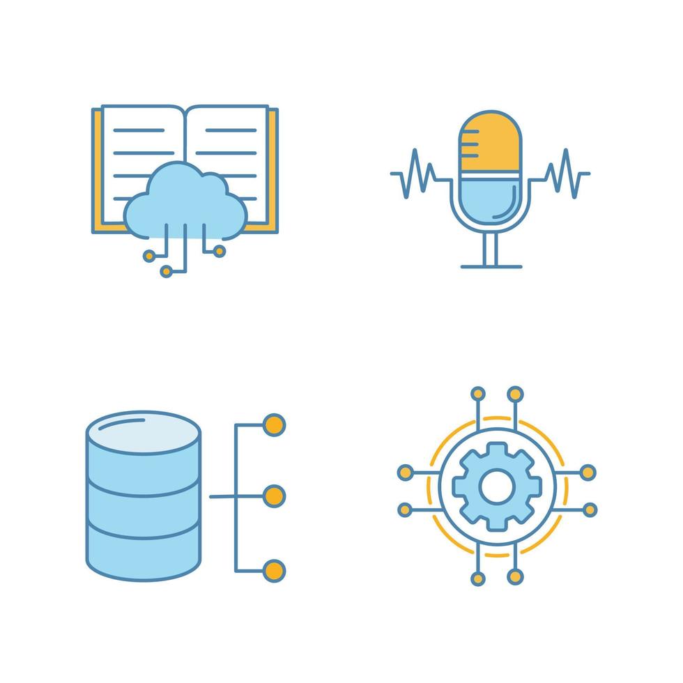 Machine learning color icons set. Voice recognition, cloud computing, relational database, digital settings. Isolated vector illustrations