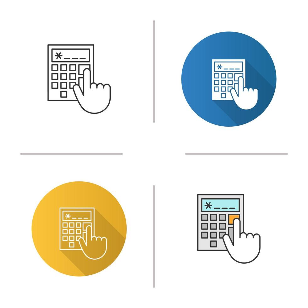 Calculator icon. Accountant's or bookkeeper's hand. Calculations. Flat design, linear and color styles. Isolated vector illustrations