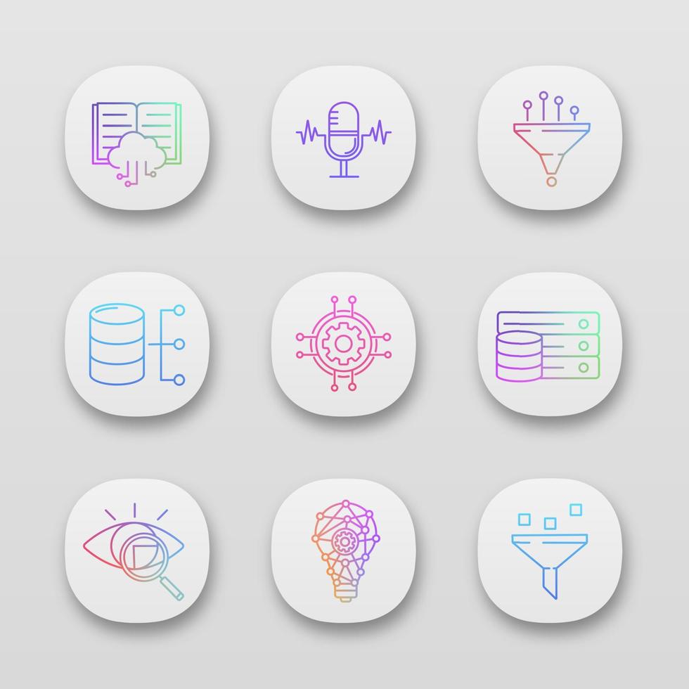 Machine learning app icons set. Artificial intelligence. Database. AI. Digital technology. UI UX user interface. Web or mobile applications. Vector isolated illustrations