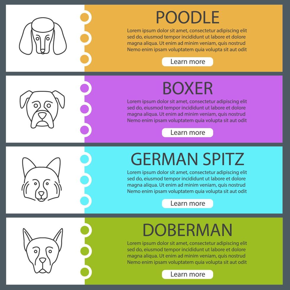 Dogs breeds web banner templates set. Poodle, boxer, German Shpitz, Doberman. Website color menu items with linear icons. Vector headers design concepts