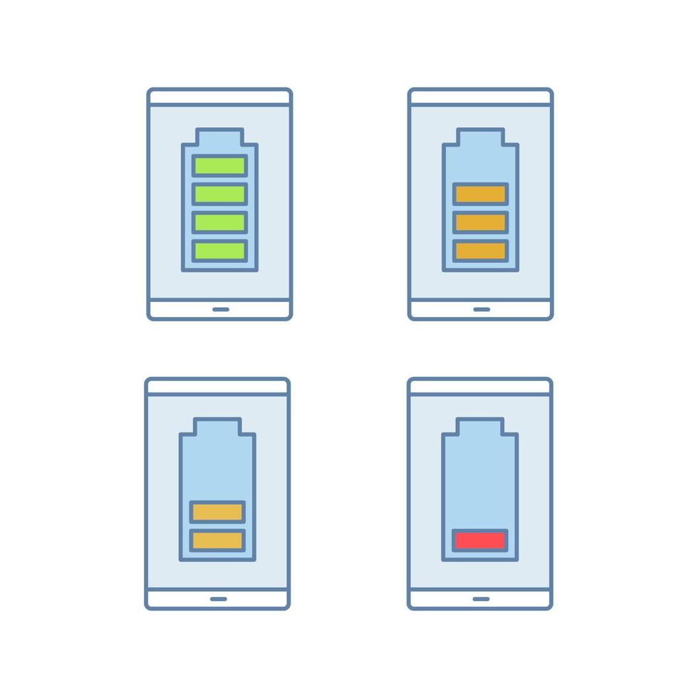 Conjunto de iconos de colores de carga de batería de smartphone. indicador de nivel de batería del teléfono móvil. carga media, baja y alta. ilustraciones vectoriales aisladas vector