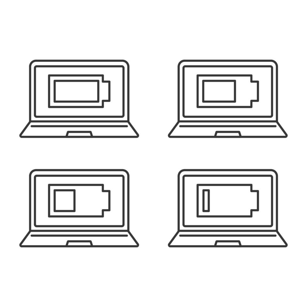 conjunto de iconos lineales de carga de batería portátil. computadora alta, baja, media carga. indicador de nivel de batería del portátil. símbolos de contorno de línea delgada. ilustraciones aisladas de contorno vectorial. trazo editable vector