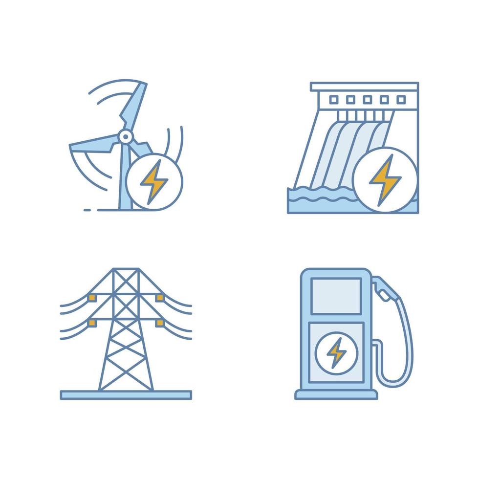 Electric power industry color icons set. High voltage electric line, wind and water energy, electric vehicle charging station. Isolated vector illustrations