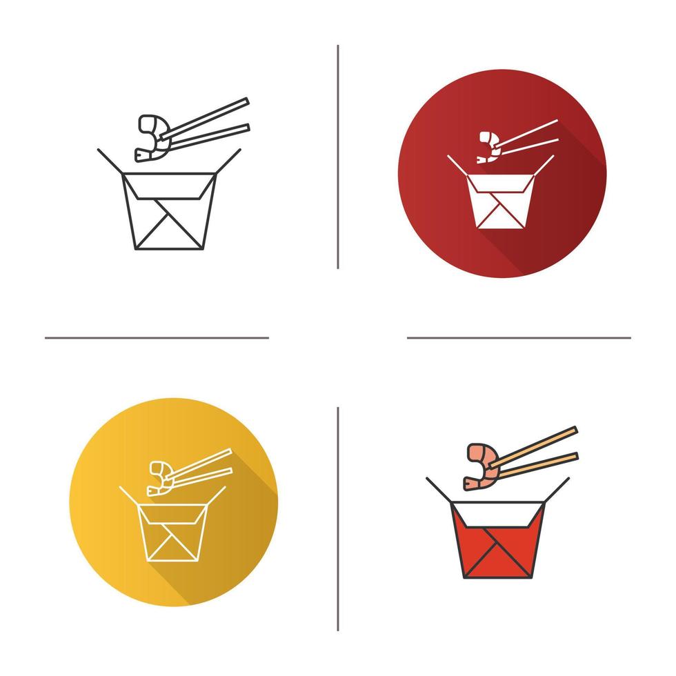 fideos chinos con mariscos en el icono de la caja de papel. Tallarines al wok con gambas. Diseño plano, estilos lineales y de color. ilustraciones de vectores aislados