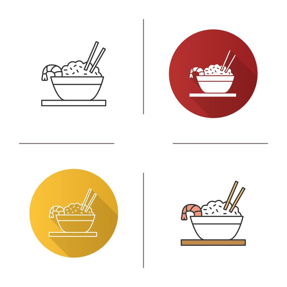 arroz con ícono de camarones. arroz frito chino en cuenco y palillos. Diseño plano, estilos lineales y de color. ilustraciones de vectores aislados