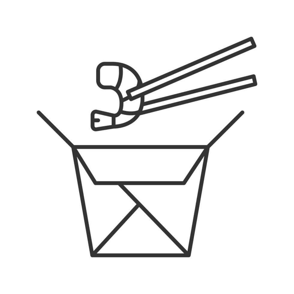 fideos chinos con mariscos en icono lineal de caja de papel. ilustración de línea delgada. Tallarines al wok con gambas. símbolo de contorno dibujo de contorno aislado vectorial vector