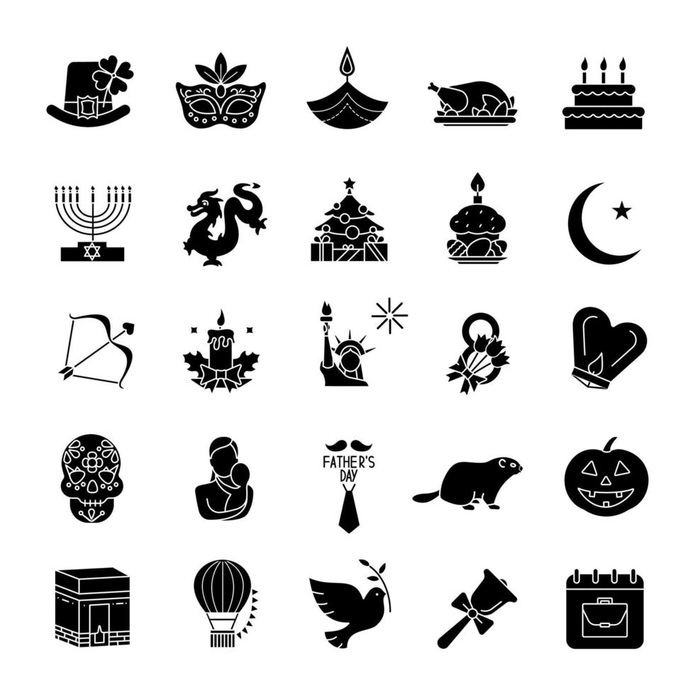 conjunto de iconos de glifo de vacaciones. vacaciones de temporada de diferentes países. Ideas para tarjetas de felicitación. símbolos de silueta. ilustración vectorial aislada vector