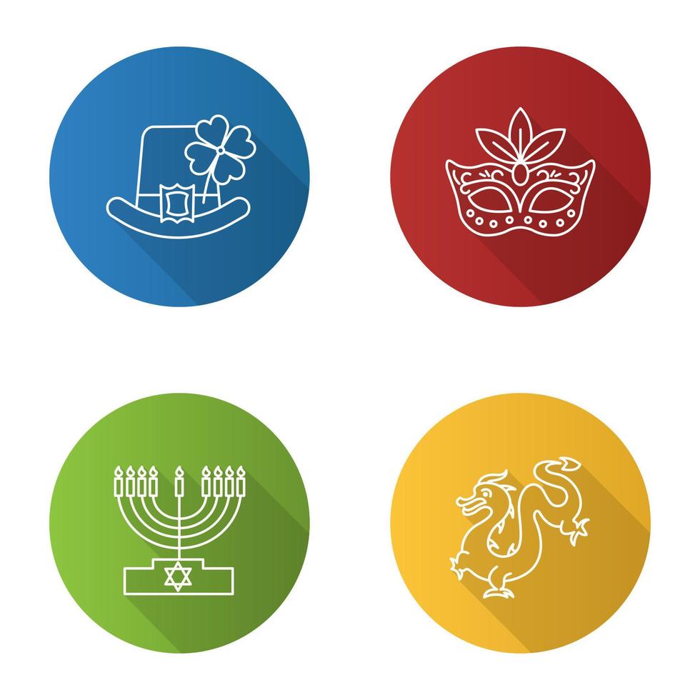 Holidays flat linear long shadow icons set. St. Patrick's Day, Mardi Gras, Hanukkah, Chinese New Year. Vector outline illustration