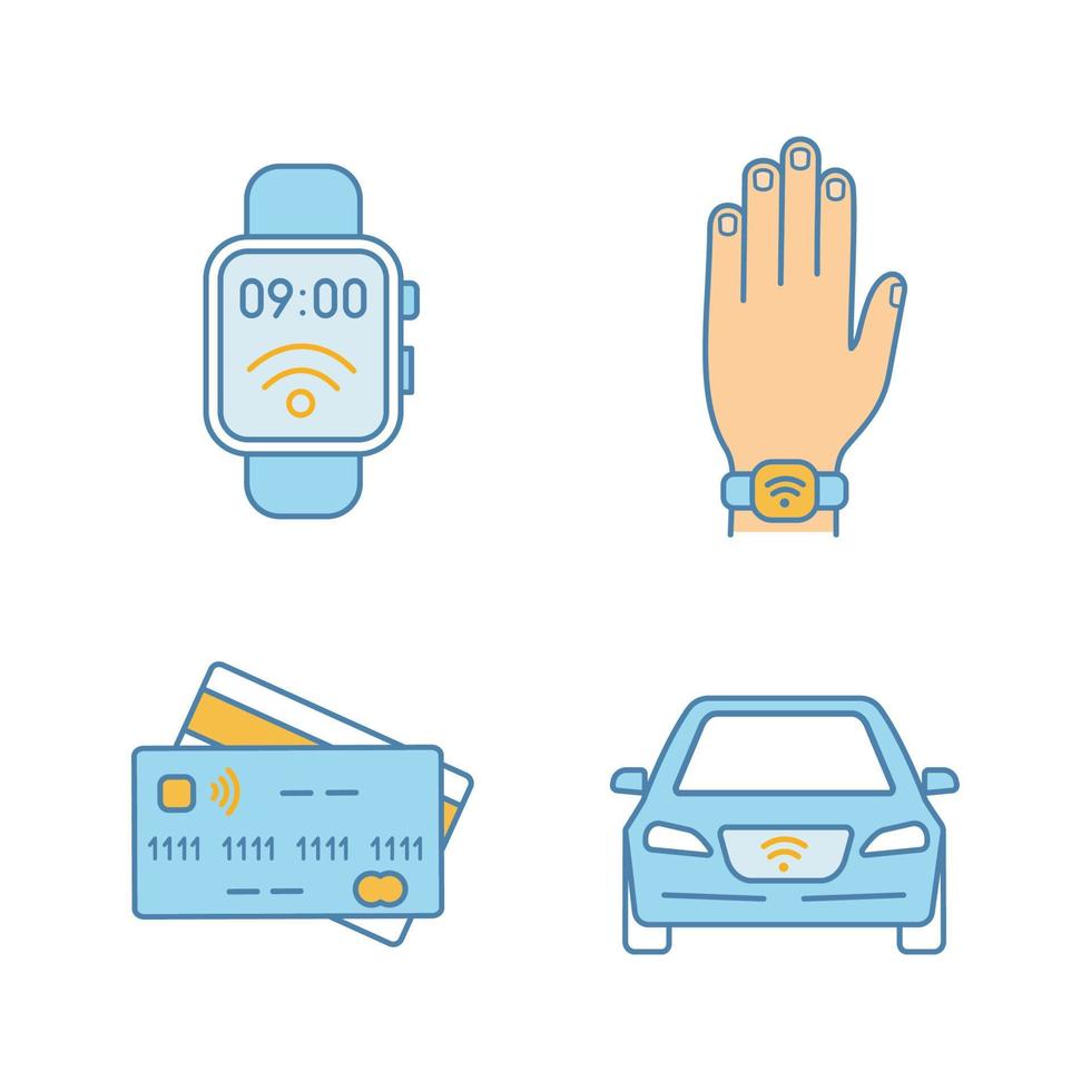 NFC technology color icons set. Near field smartwatch, bracelet, credit cards, car. Isolated vector illustrations