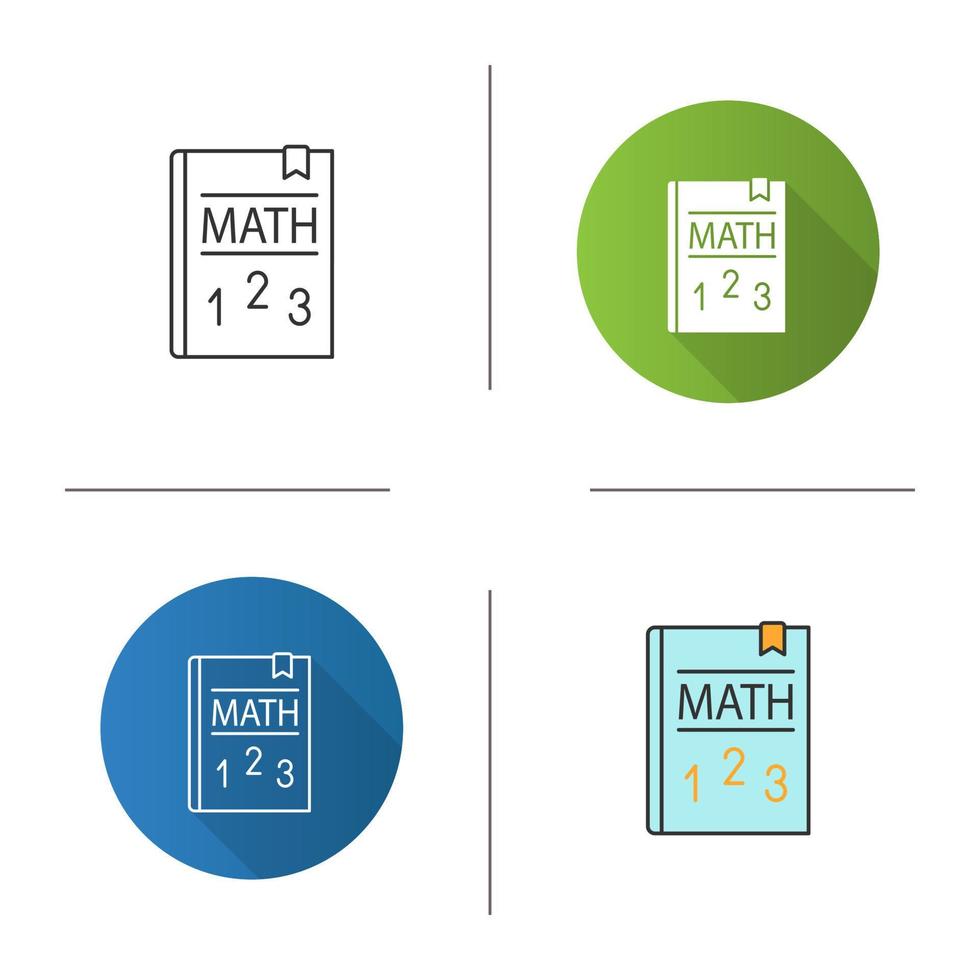 Math textbook icon. Mathematics book. Elementary math. Flat design, linear and color styles. Isolated vector illustrations