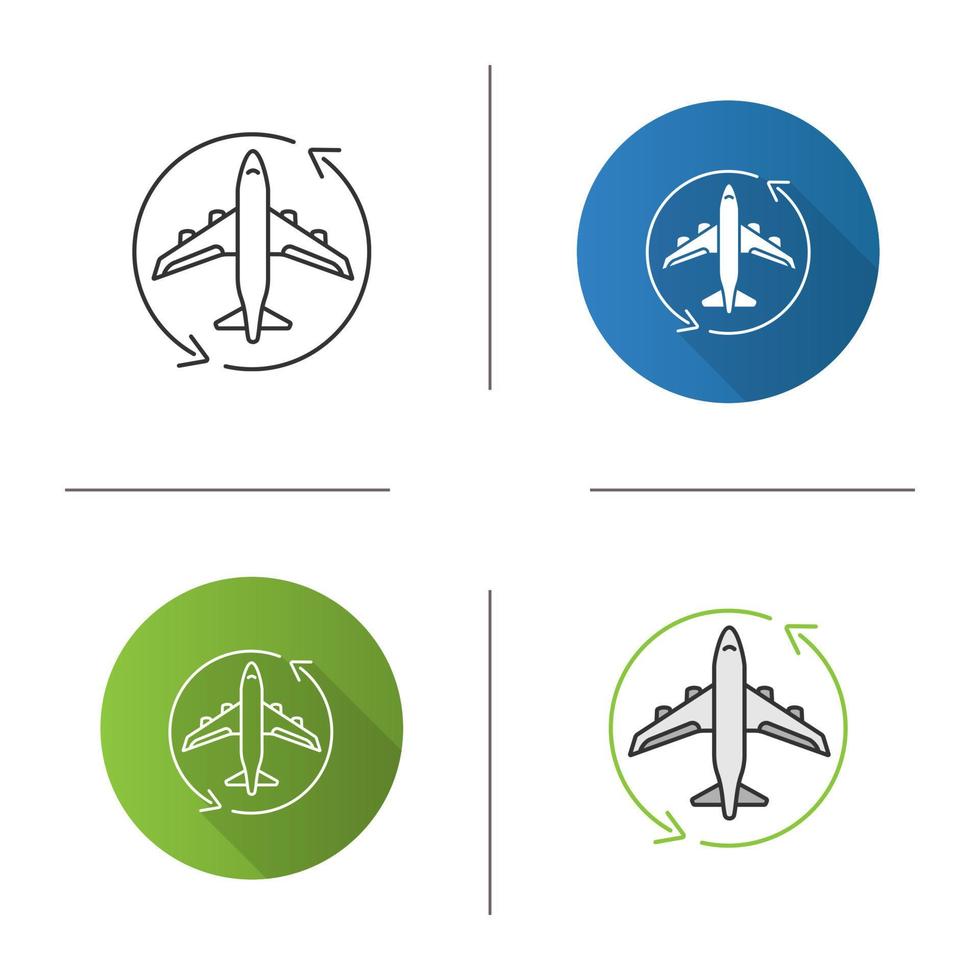 Flight transit icon. Circle arrow with airplane inside. Plane transfer. Flights management. Flat design, linear and color styles. Isolated vector illustrations