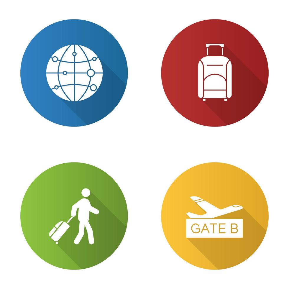 Airport service flat design long shadow glyph icons set. Route map, baggage, passenger, airport gate. Vector silhouette illustration