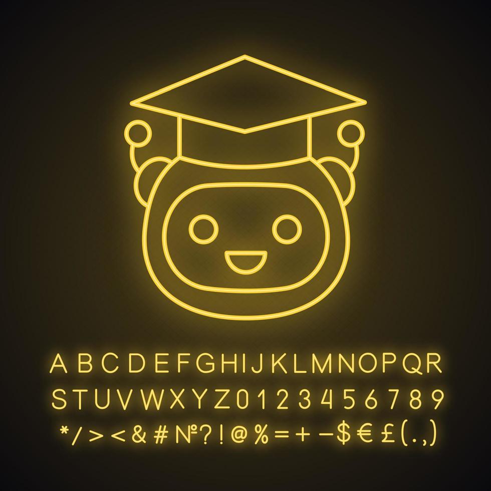 Machine learning neon light icon. Artificial intelligence. Glowing sign with alphabet, numbers and symbols. Teacher bot. Graduated robot. Chatbot. Bot in graduation hat. Vector isolated illustration