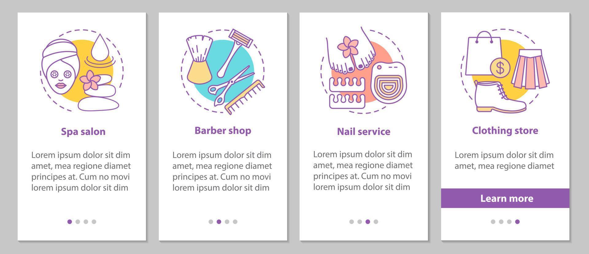 Beauty services onboarding mobile app page screen with linear concepts. Manicure, barbershop, spa salon, clothing store steps graphic instructions. UX, UI, GUI vector template with illustrations