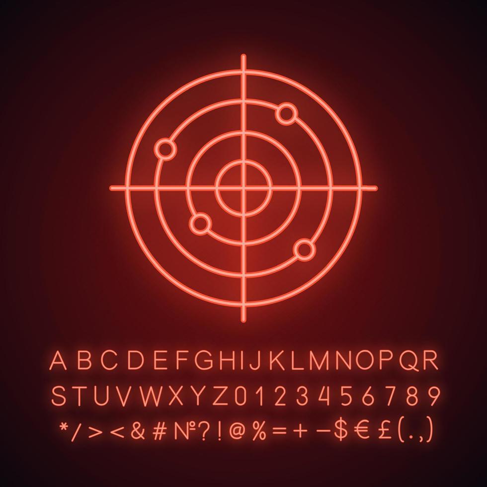 Gun target neon light icon. Aim. Radar. Glowing sign with alphabet, numbers and symbols. Vector isolated illustration