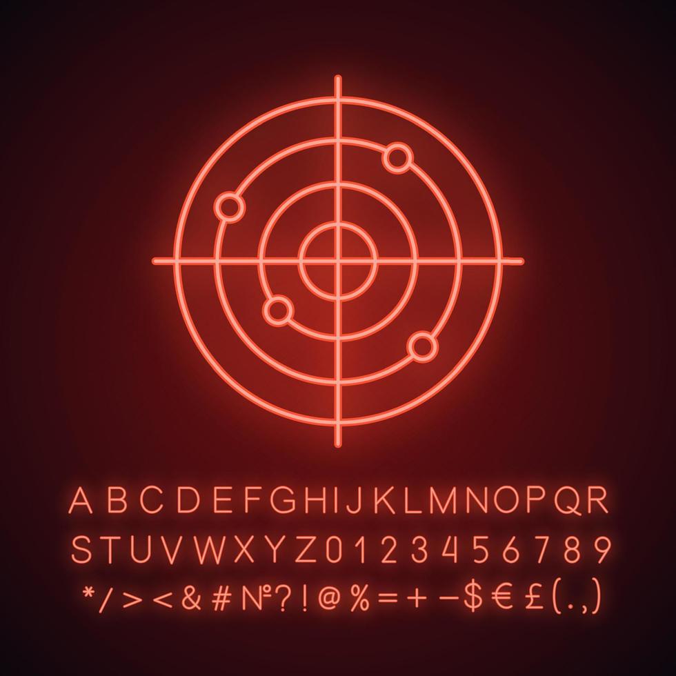 Gun target neon light icon. Aim. Radar. Glowing sign with alphabet, numbers and symbols. Vector isolated illustration