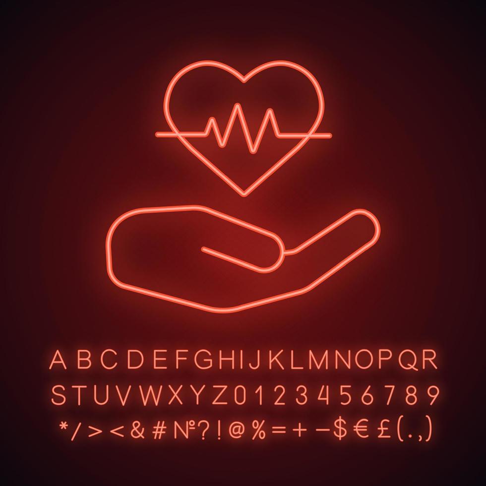 icono de luz de neón para el cuidado del corazón. mano humana con curva de latidos del corazón. signo brillante con alfabeto, números y símbolos. ilustración vectorial aislada vector