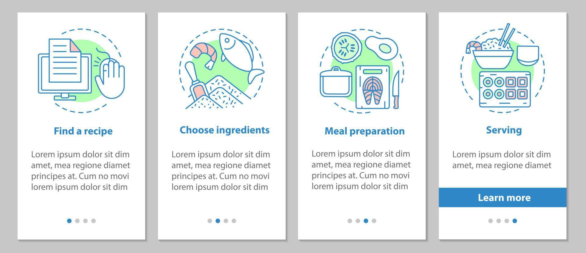 Catering onboarding mobile app page screen with linear concepts. Choosing recipes, ingredients, food preparation, serving steps graphic instructions. UX, UI, GUI vector template with illustrations