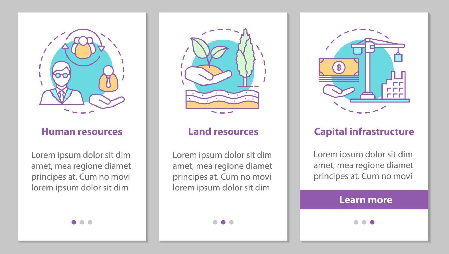 Resources onboarding mobile app page screen with linear concepts. Human or labour and land resources, capital infrastructure steps graphic instructions. UX, UI, GUI vector template with illustrations