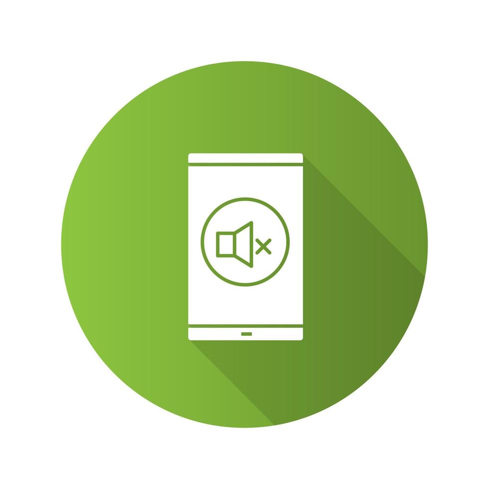 Smartphone sound turning off flat design long shadow glyph icon. Mute. Mobile phone sound control. Vector silhouette illustration