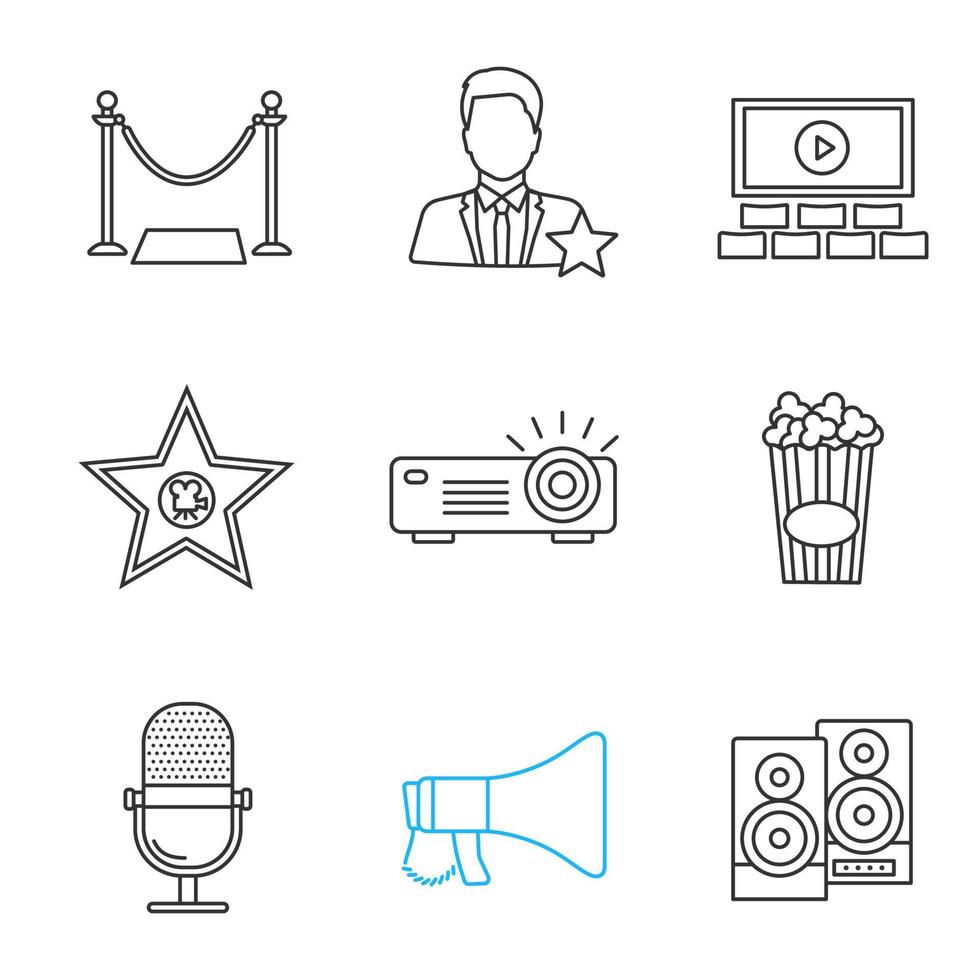 Cinema linear icons set. Red carpet, actor, screen, movie star, projector, popcorn, mic, megaphone, stereo system. Thin line contour symbols. Isolated vector outline illustrations