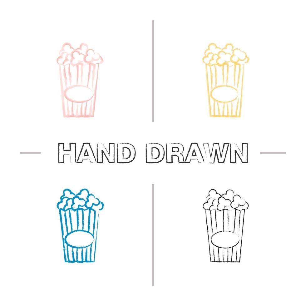 Paper glass with popcorn hand drawn icons set. Pop corn. Color brush stroke. Isolated vector sketchy illustrations