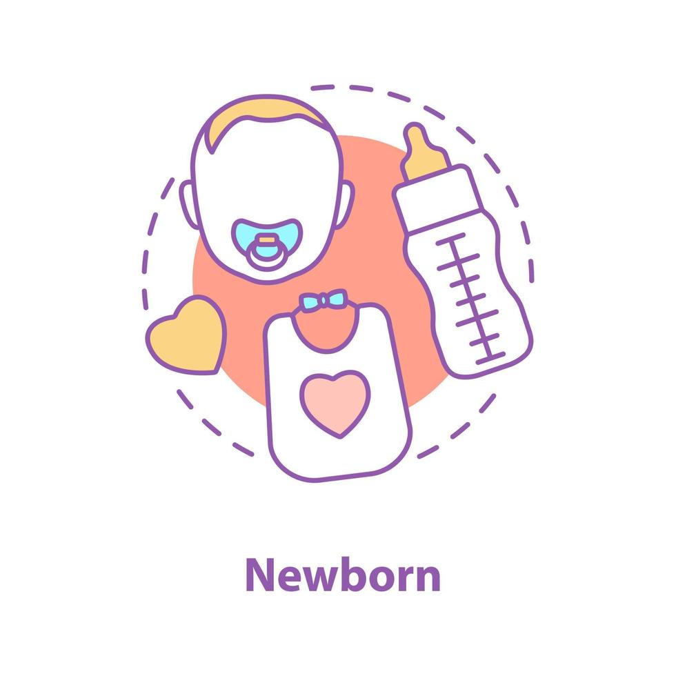 Newborn baby concept icon. Childcare equipment idea thin line illustration. Pacifier, bib, feeding bottle. Vector isolated outline drawing